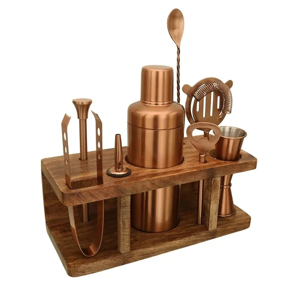 Bar Set of 8 Pieces Bar Accessories with Wooden Stand, Rose Gold - Image 4