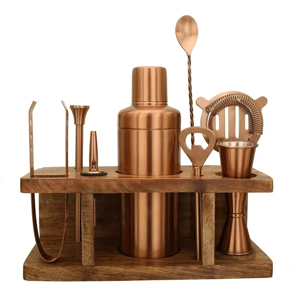 Bar Set of 8 Pieces Bar Accessories with Wooden Stand, Rose Gold
