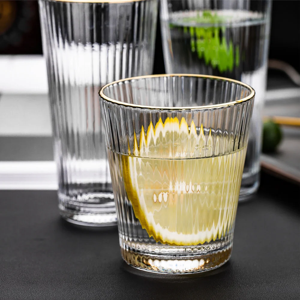 Ribbed Whiskey Glasses with Gold Rim, Set of 6, 330ml - Image 2