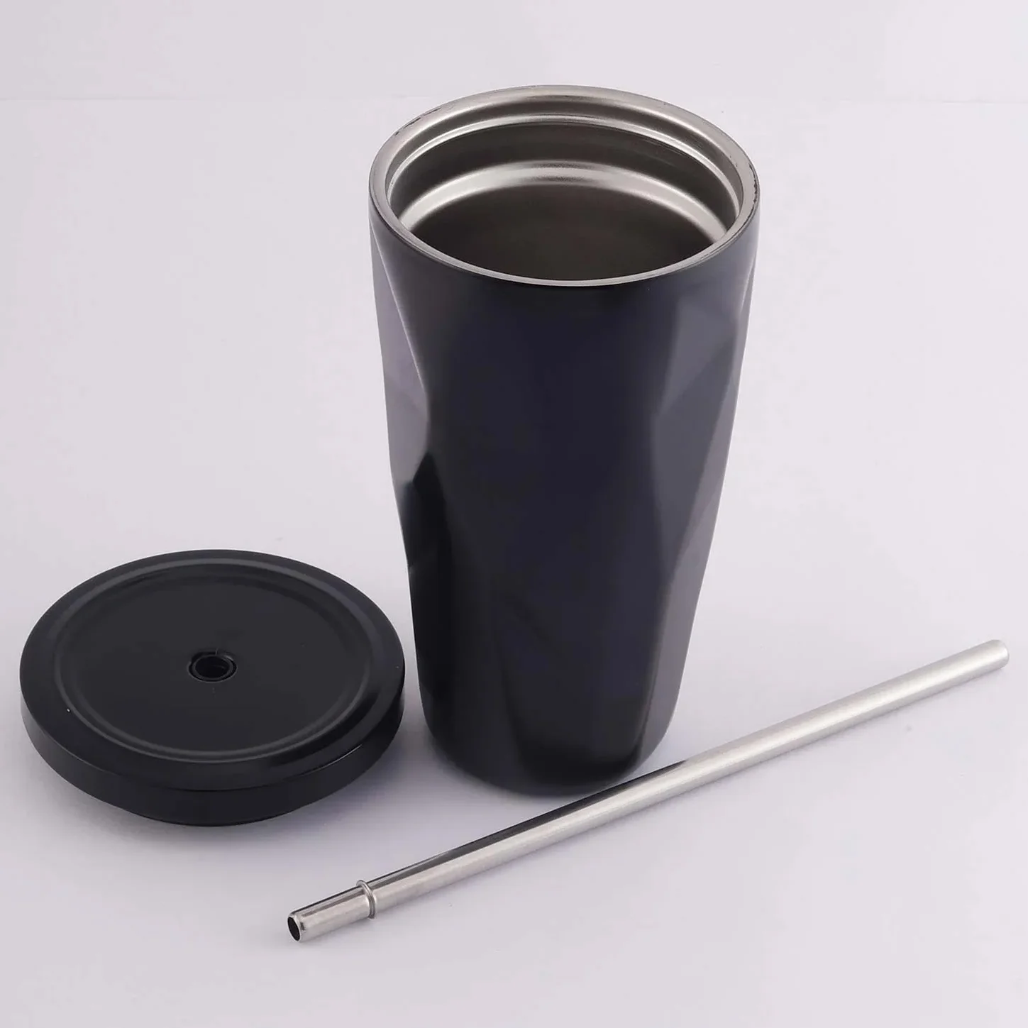 Black Insulated Tumbler with Lid and Steel Straw, 500ml - Image 3