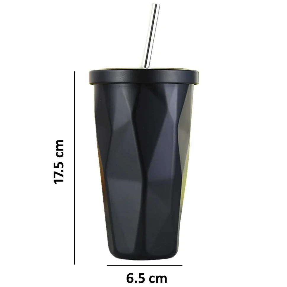 Black Insulated Tumbler with Lid and Steel Straw, 500ml - Image 2