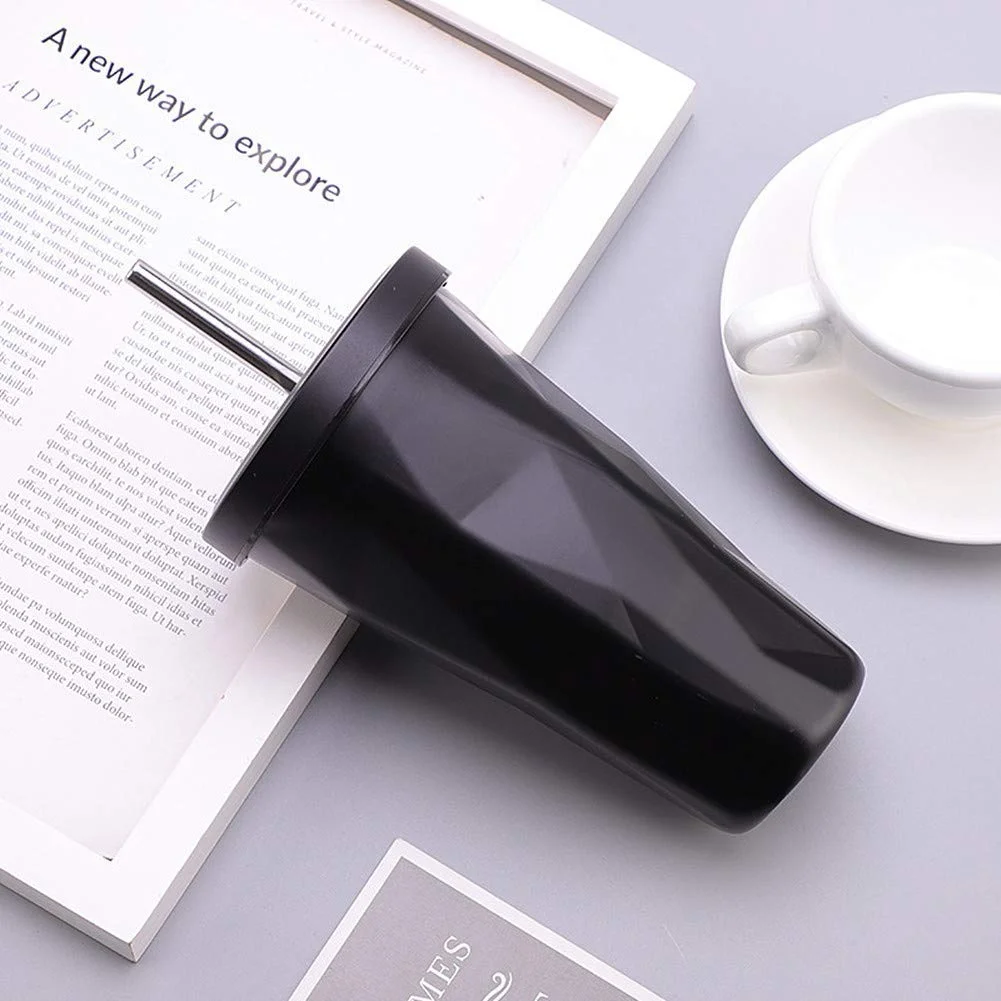 Black Insulated Tumbler with Lid and Steel Straw, 500ml